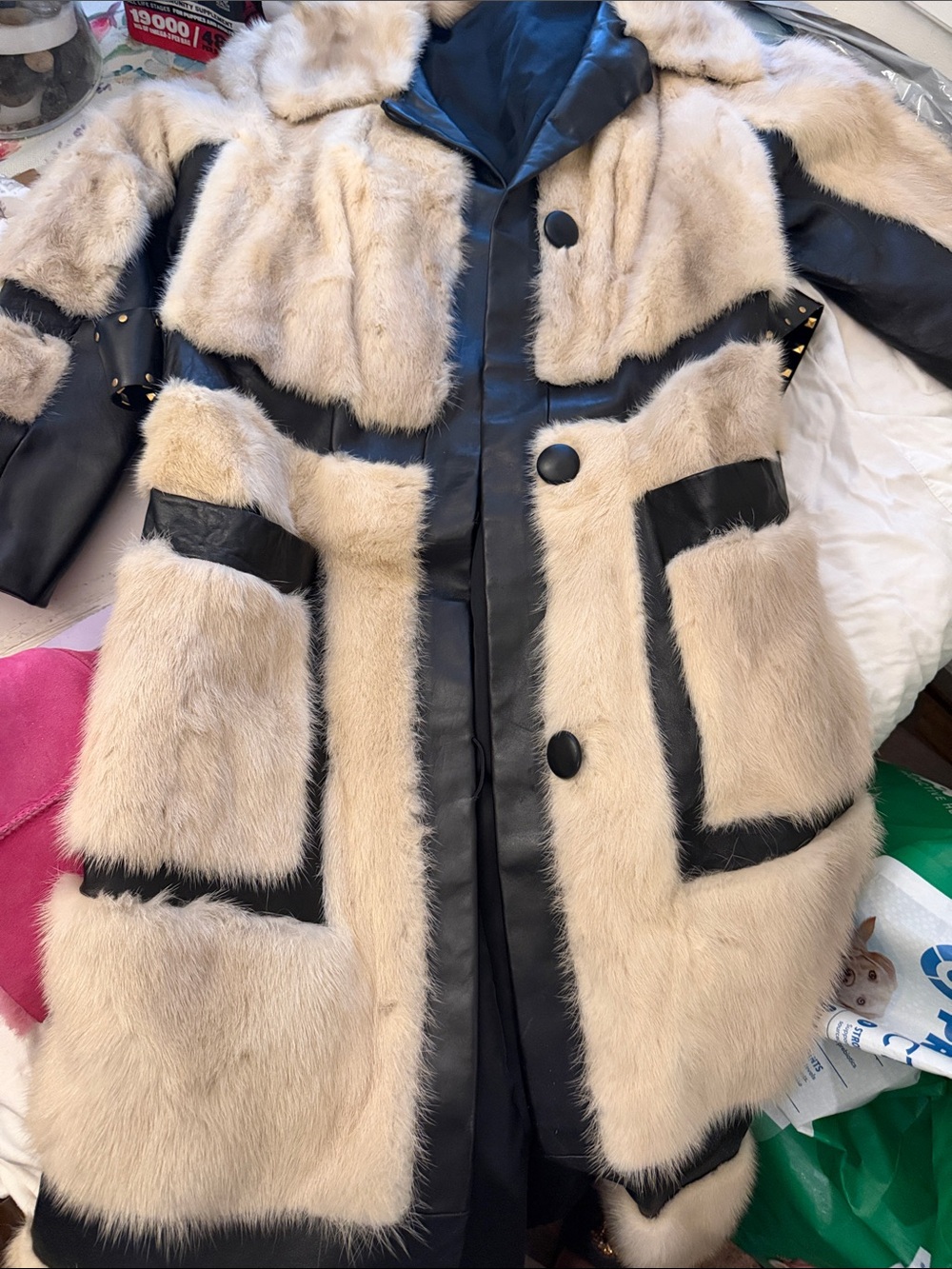 Beige Faux Fur Trimmed Black Leather Coat - Women Jackets & Coats